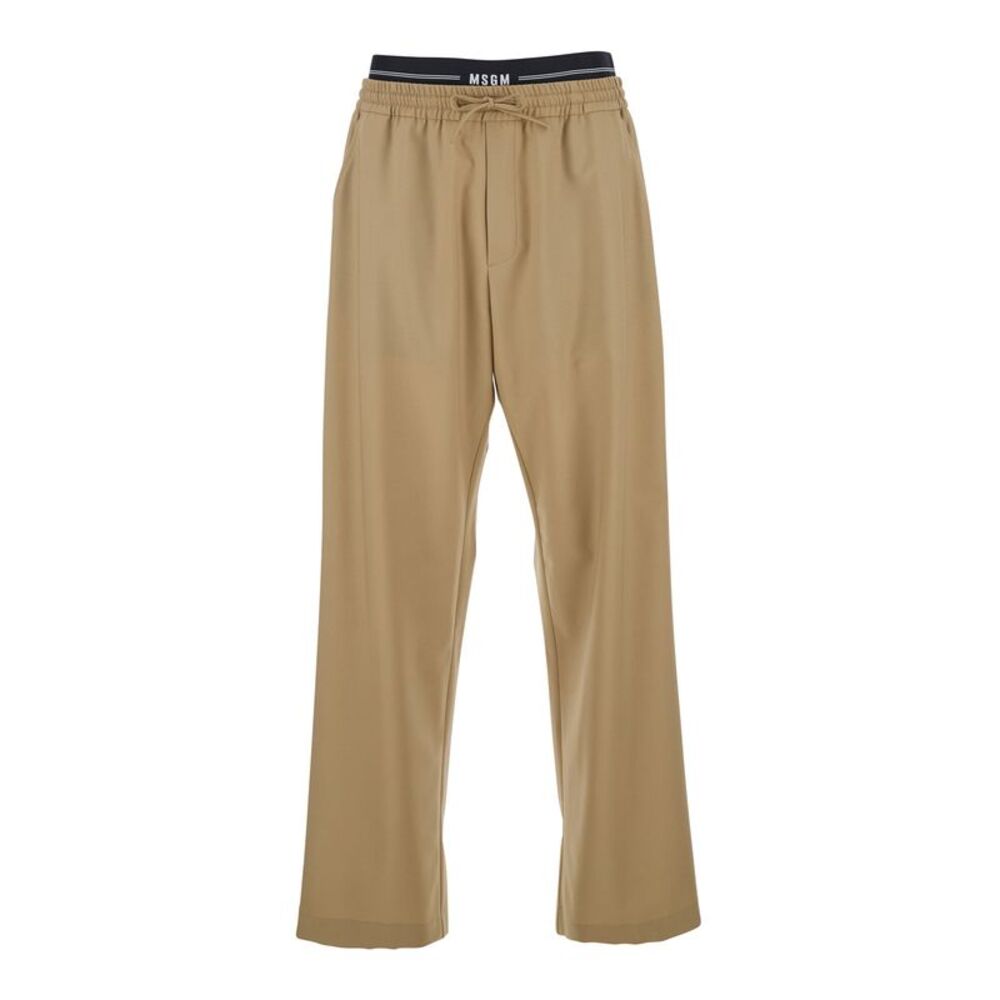 Msgm Men Beige Pants With Elastic Drawstring Waist In Wool Stretch Man